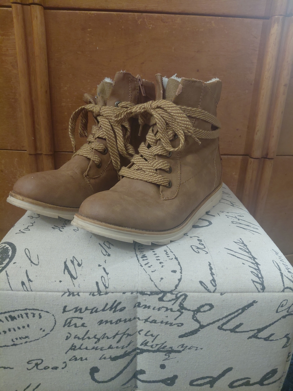 Mad Love Tan Lace-Up Faux Fur Ankle Boots